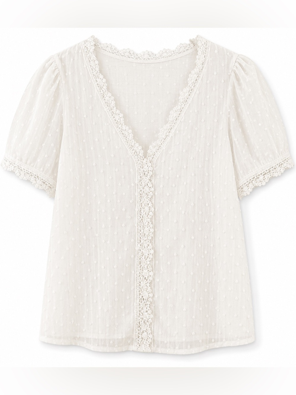 White Swiss Dot Lace-Trim Puff Sleeve Blouse